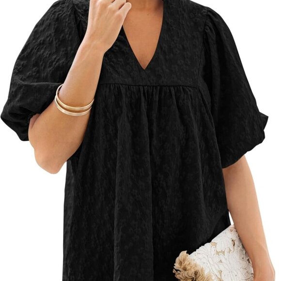 Womens Summer Tops 2025 Ruffle V Neck Blouses Loose Puff Short Sleeve Jacquard B - Picture 1 of 5